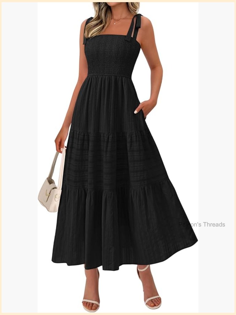 Smocked A-Line Maxi Dress With Tie Straps - Sleeveless Boho